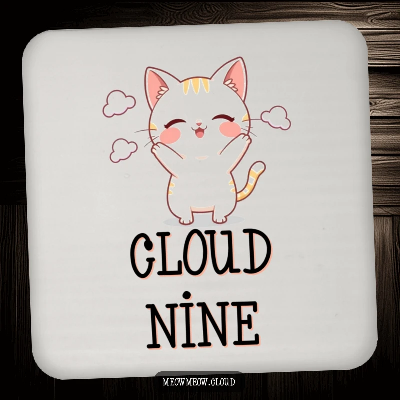 Funny Coaster featuring a playful cat character juggling small clouds, providing surface protection with a dose of sky-high humor.