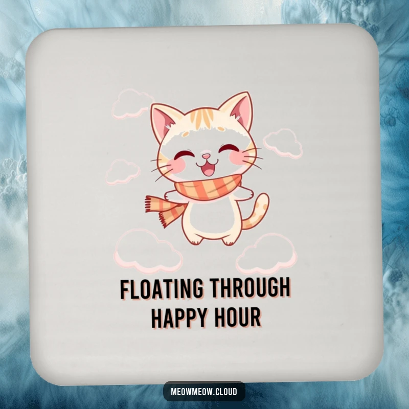 Funny jumping cat coaster showing a playful cat in a scarf, leaping between fluffy clouds.