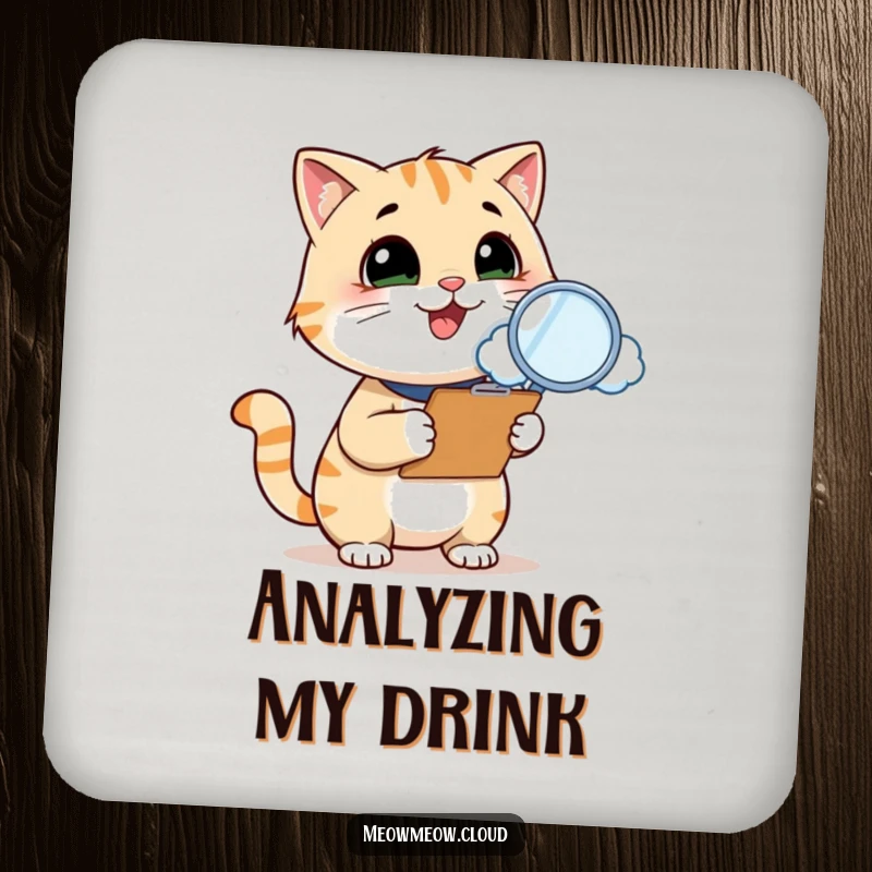 Funny cat inspector drink coaster, a smiling cat with a clipboard and magnifying glass inspects a cloud, protecting surfaces with a humorous feline vibe.