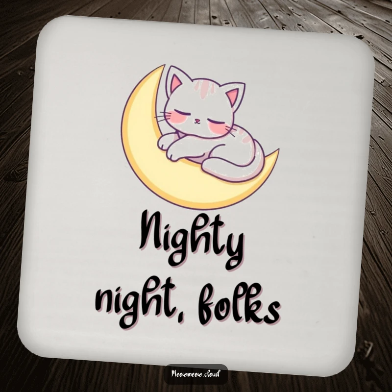 Funny drink coasters featuring an adorable cat character peacefully napping on a crescent moon, adding serene charm.