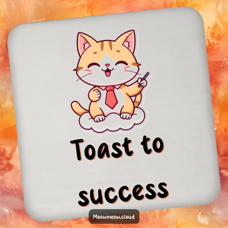 Funny cat presenter drink coaster, a cheerful cat in a tie gives a presentation on a cloud, protecting surfaces with a humorous feline vibe.