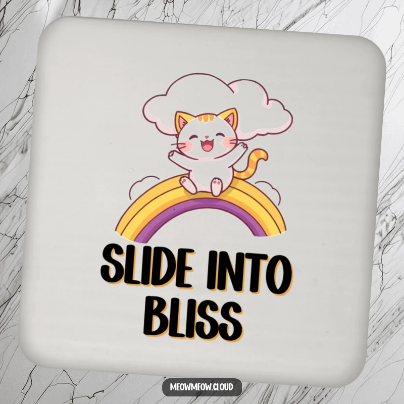 Funny drink coaster with a joyful cat character sliding down a rainbow from a cloud, adding a touch of magic.