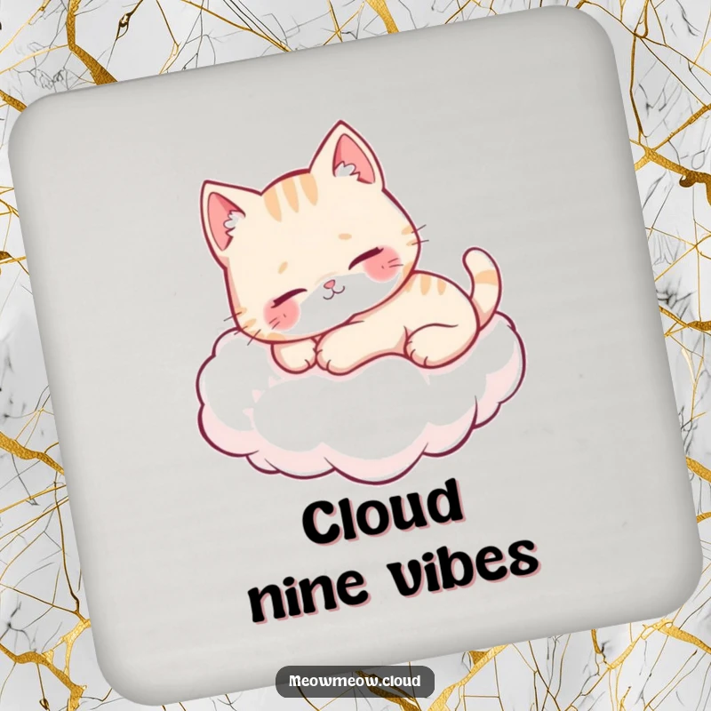 Funny cute cat purring on a cloud, featured on a drink coaster to add a touch of humor.
