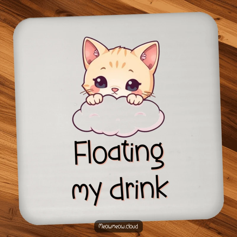 Funny cat coaster with a curious cat peeking over a cloud, protecting furniture with a touch of whimsical humor.