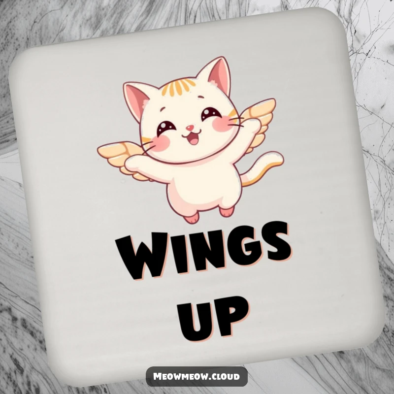 Funny Coaster featuring a cheerful cat with small wings, flying happily, providing surface protection with a dose of whimsical humor.