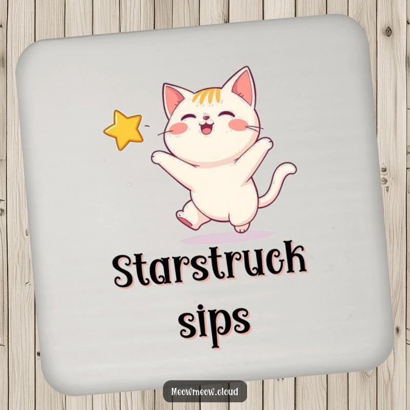 Funny drink coaster featuring a happy cat playfully chasing a bright, twinkling star, adding cosmic flair to your table.
