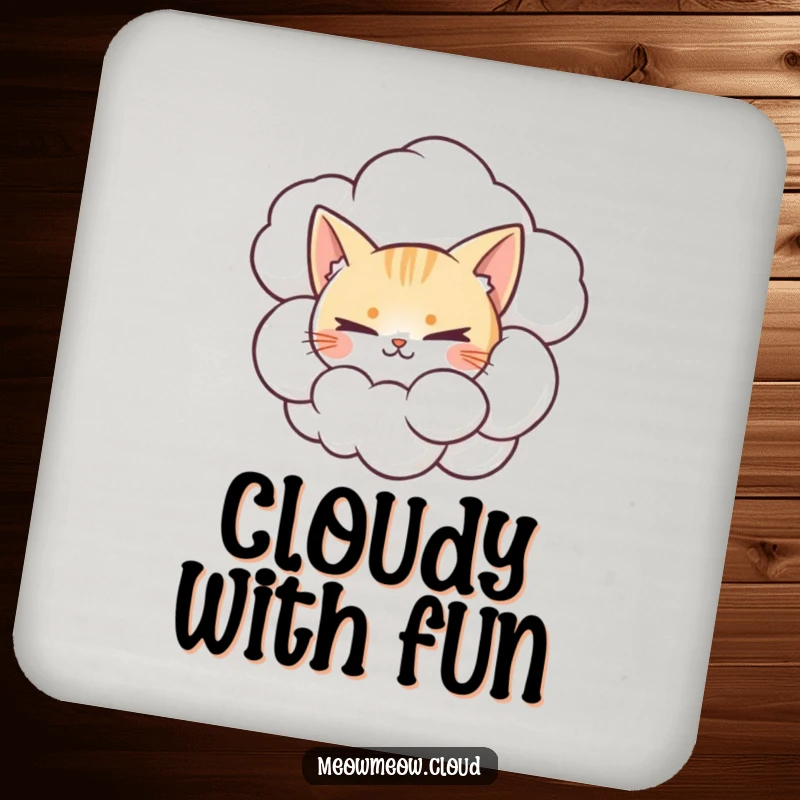 Funny drink coaster with a mischievous cat peeking from a cumulonimbus cloud, protecting surfaces humorously.