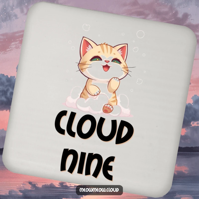 Funny cat playing with fluffy clouds motif on drink coasters, protecting surfaces with whimsical charm.