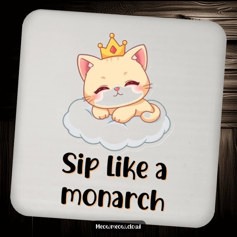Funny royal cat coaster showing a cute cat with a crown, lounging on a fluffy cloud.