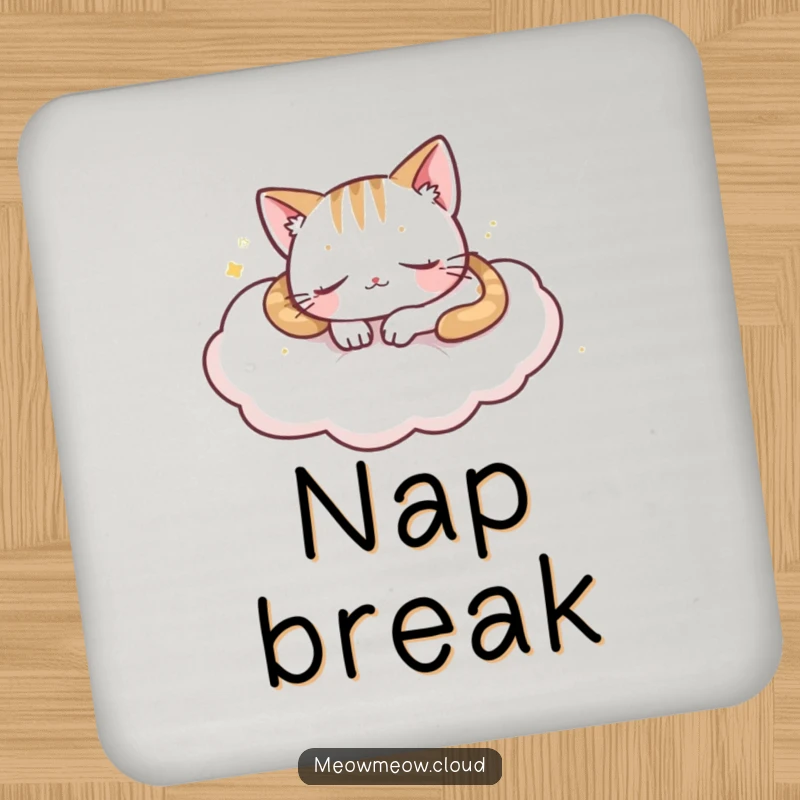 Funny playful cat sleeping on a cloud, featured on a drink coaster to add a touch of humor.