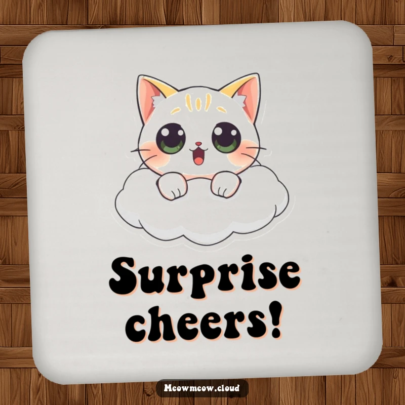 Funny cat coaster with a surprised wide-eyed cat floating on a cloud, offering surface protection with humor.