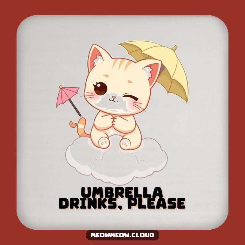 Funny Winking Cat Drink Coaster - Cloud & Umbrella Protector Gift