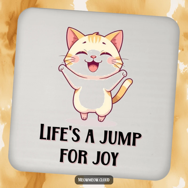 Funny drink coaster featuring a happy cat in a joyful pounce, perfect for adding dynamic flair.
