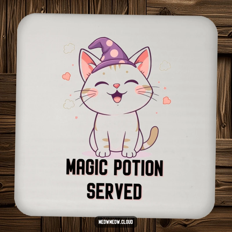 Funny wizard cat coasters, set of coasters featuring a cat wizard casting cloud confetti, protecting surfaces with whimsical magic.