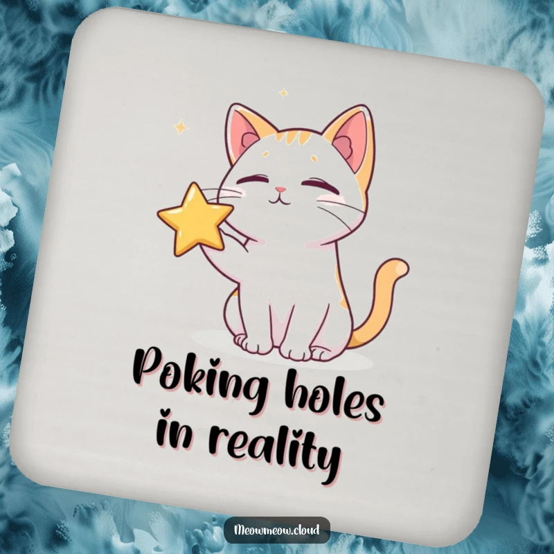 Funny drink coaster featuring a cat poking a star, protecting surfaces with celestial humor.