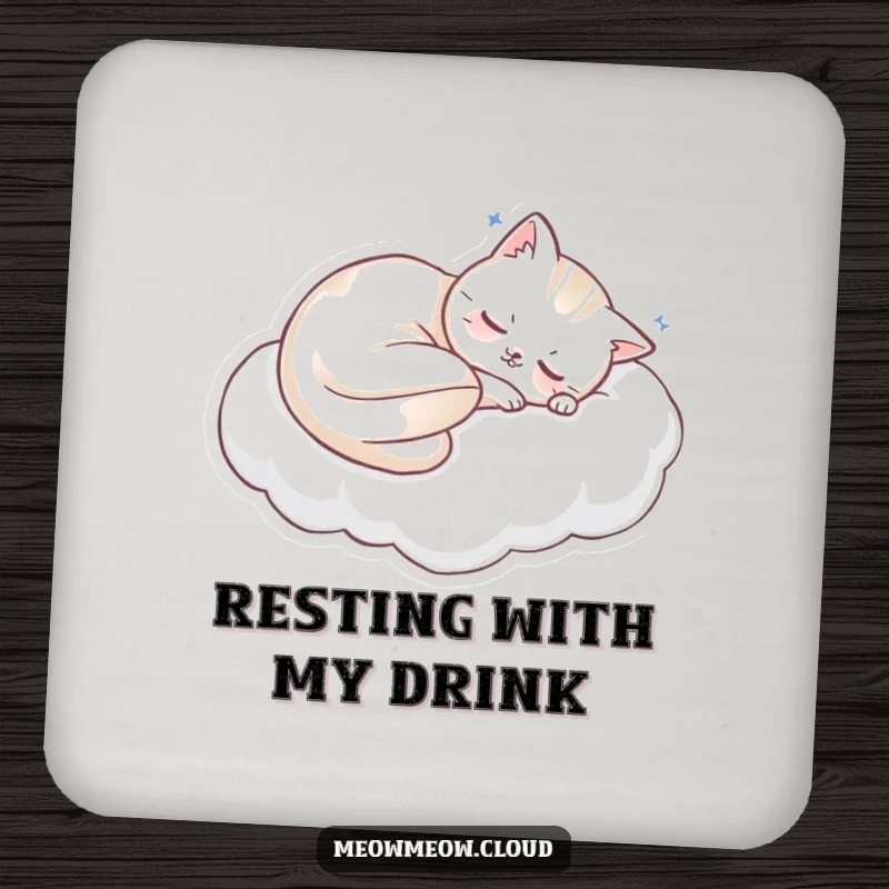 Funny sleeping cat on a cloud edge on drink coasters, perfect for serene tables and funny gifts.