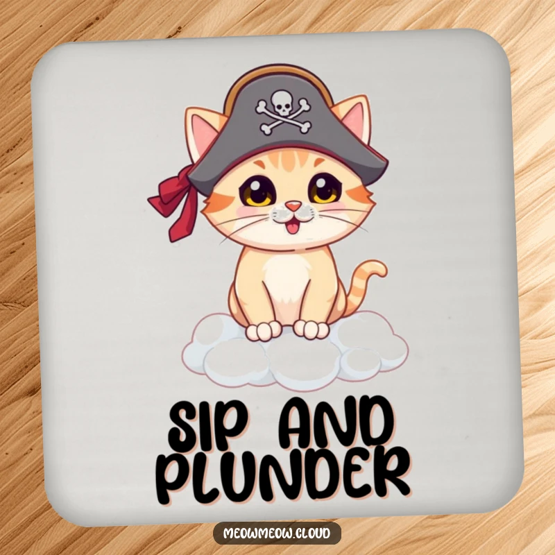 Funny pirate cat coasters, set of drink coasters featuring a cat pirate on a cloud island, protecting surfaces with humor.