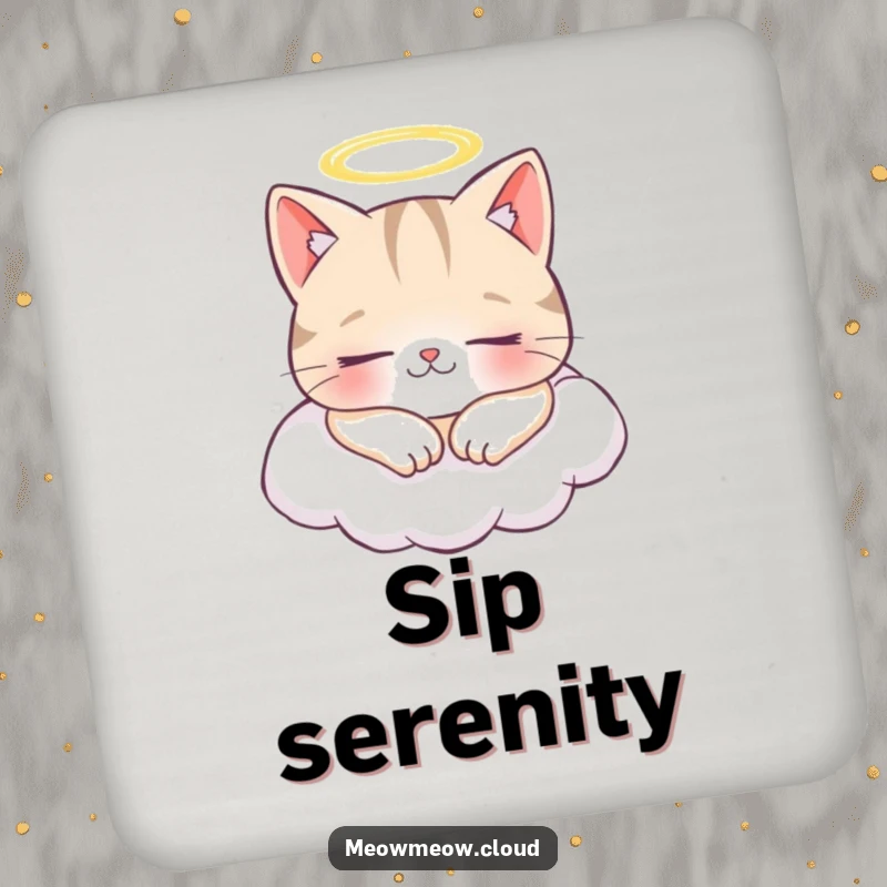 Funny drink coaster with a cheerful cat wearing a halo, napping on a cloud, offering peaceful and cute humor.