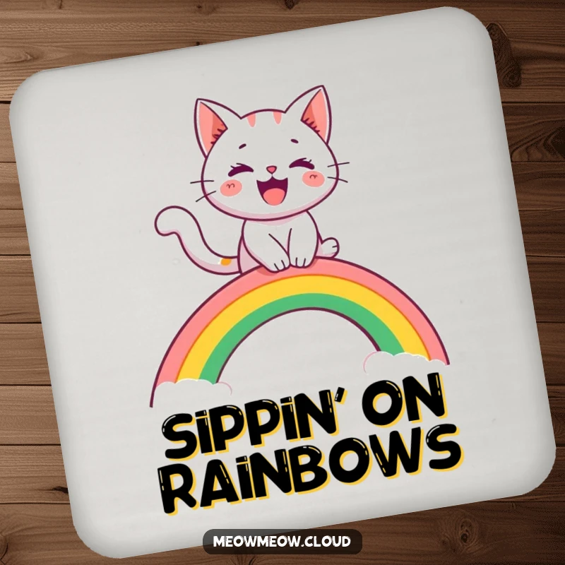 Funny drink coasters featuring a cheerful cat character riding a rainbow arch like a slide, adding whimsical protection.