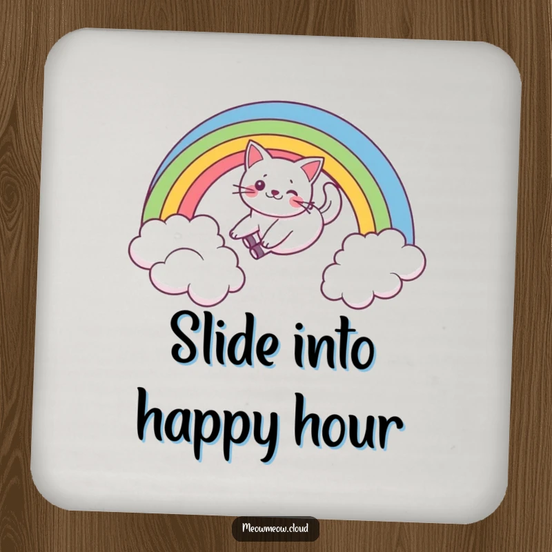Funny drink coaster with a playful cat sliding down a rainbow over a cloud, adding humor to any surface.