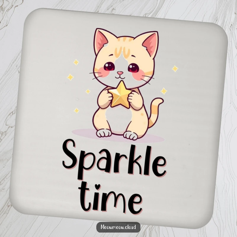 Funny Coaster featuring a cute cat character reaching for a star, providing surface protection with a dose of celestial humor.
