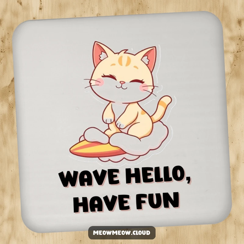 Funny drink coaster featuring a winking cat character surfing on a cloud, adding cool humor to any table.