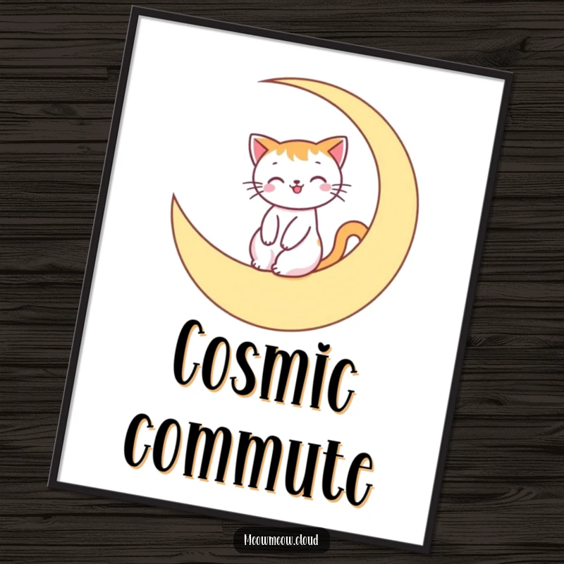 Funny Poster showing a smiling cat character riding a crescent moon across a starry night sky, bringing celestial charm to decor.