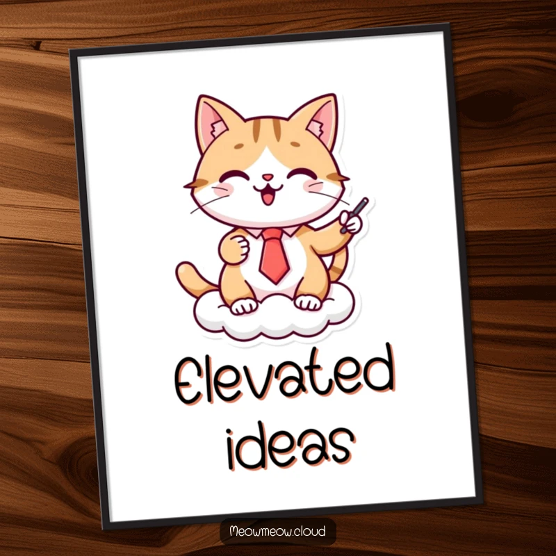 Funny cat presenter poster, a cheerful cat in a tie gives a presentation on a cloud, ideal for humorous and inspiring wall art.