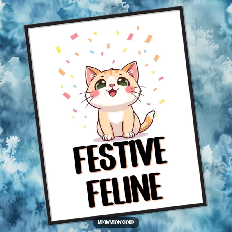 Funny poster featuring a happy cat character looking up with wide eyes at falling confetti, adding a festive and joyful atmosphere.