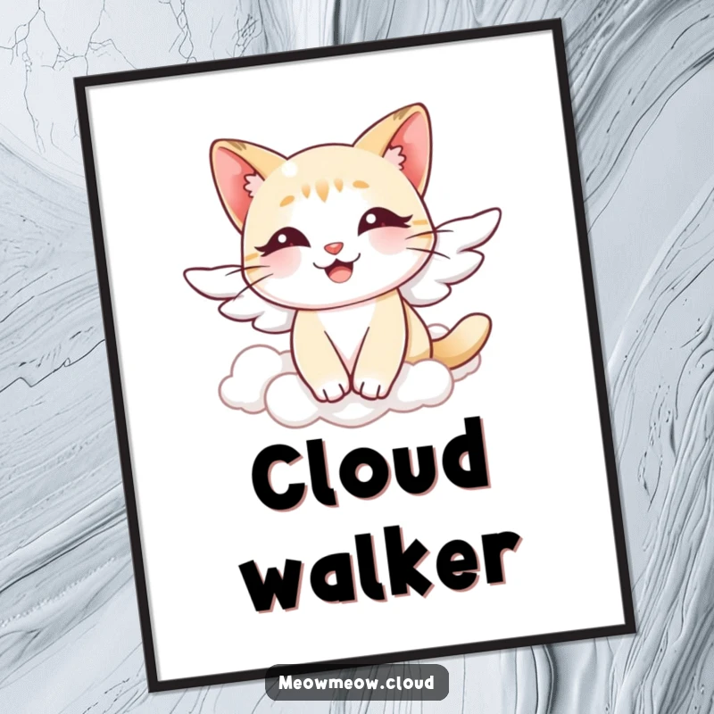Funny angel cat poster, artwork of a smiling cat with wings floating through clouds, serene and humorous wall decor.