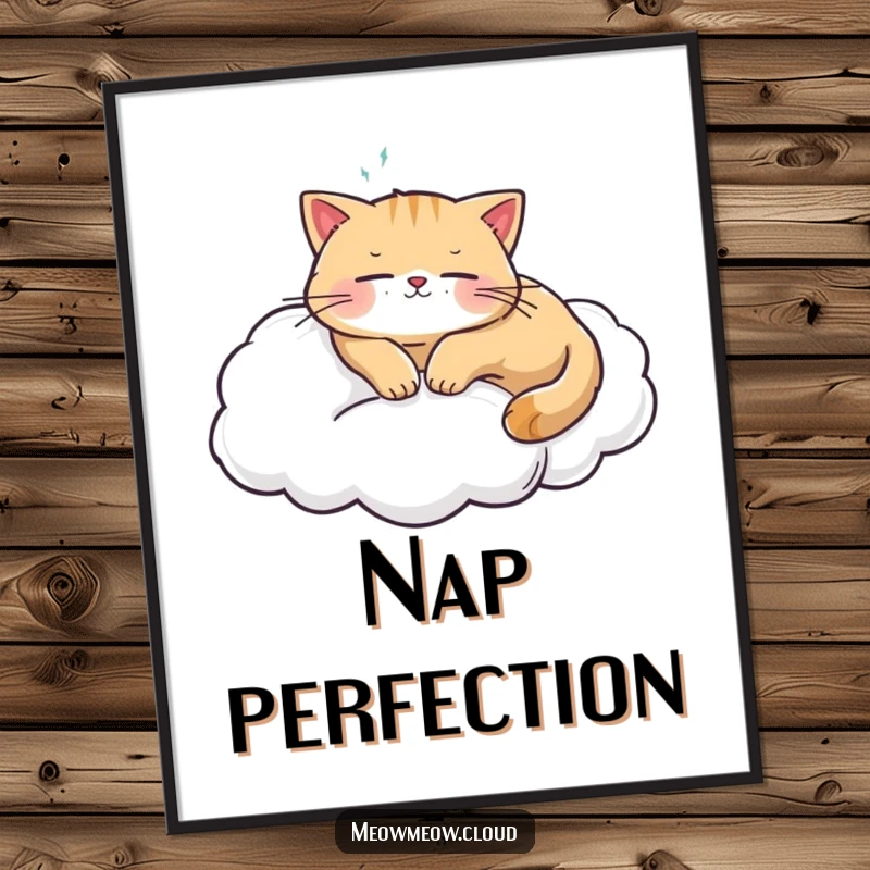 Funny cat sleeping soundly on a fluffy cloud, presented as a calm wall art poster, perfect for peaceful spaces.