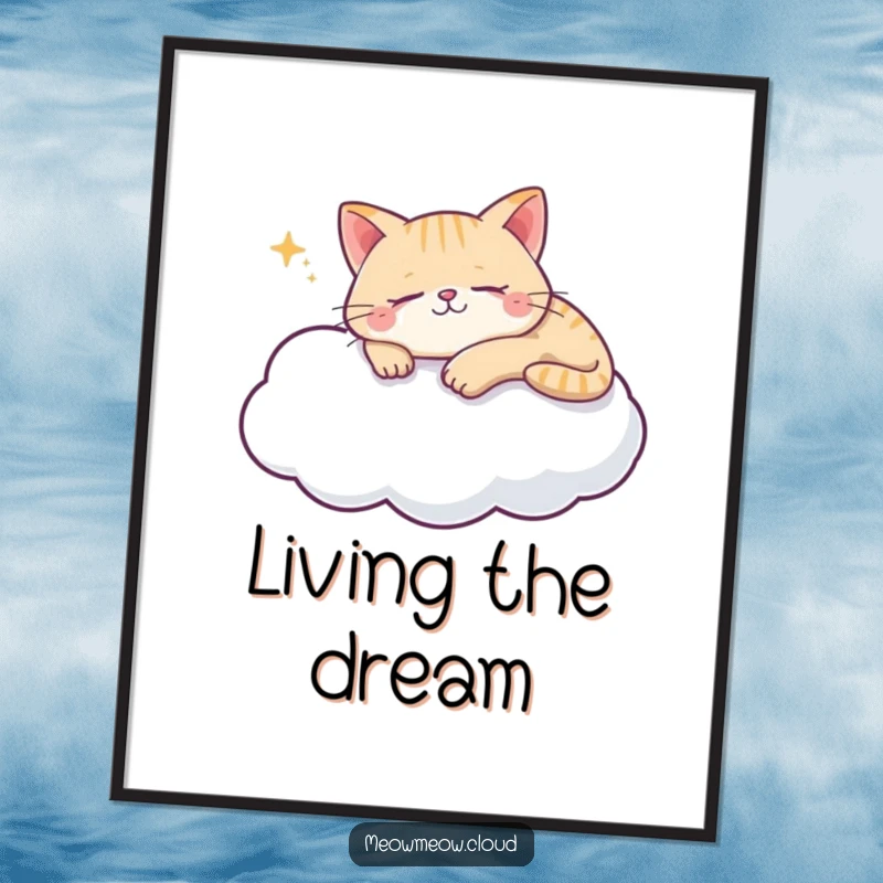 Funny cat cloud poster showing a content cat sleeping peacefully on a soft cloud, bringing serene vibes.