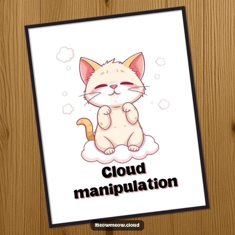 Funny cat cloud wisp poster of a mischievous cat playing with soft, fluffy cloud wisps, creating a whimsical atmosphere.