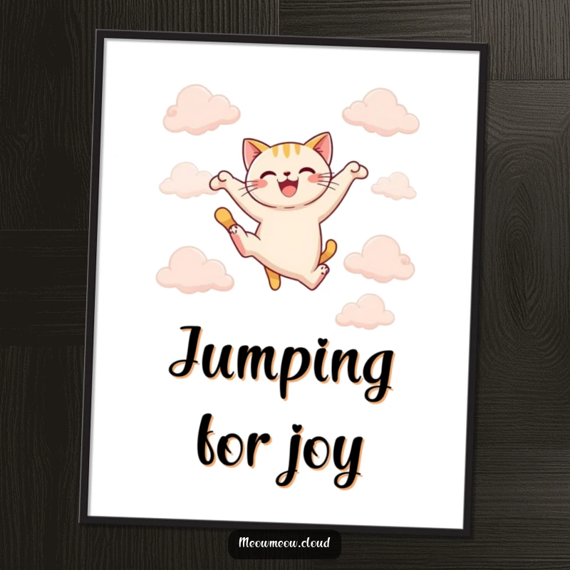 Funny joyful cat performing a graceful leap between fluffy clouds, a humorous poster for dynamic wall art and funny gifts.