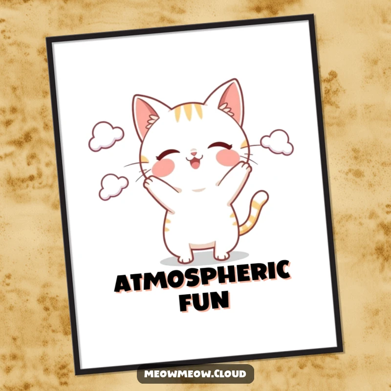 Funny Poster showing a playful cat character juggling small clouds, bringing whimsical and lighthearted decor to any space.