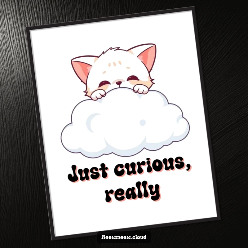 Funny curious cat peeking over the edge of a cloud, framed wall art showcasing playful observation and wonder.
