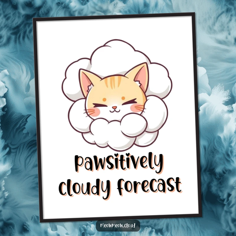 Funny poster print of a mischievous cat peeking from a cumulonimbus cloud, adding a touch of playful art.