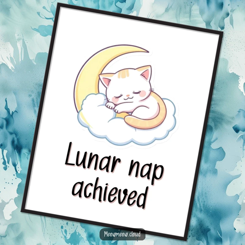 Funny sleepy cat poster artwork of a cat napping inside a cloud shaped like a crescent moon.