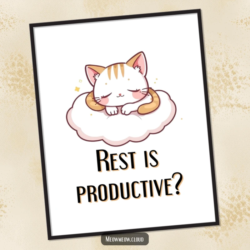 Funny playful cat napping on a soft cloud, presented as a heartwarming and humorous wall art poster.