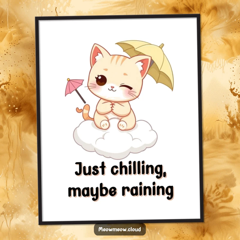 Funny Winking Cat Poster showcasing a cat on a cloud, holding a small umbrella, with a sweet, winking expression. Dreamy wall art.