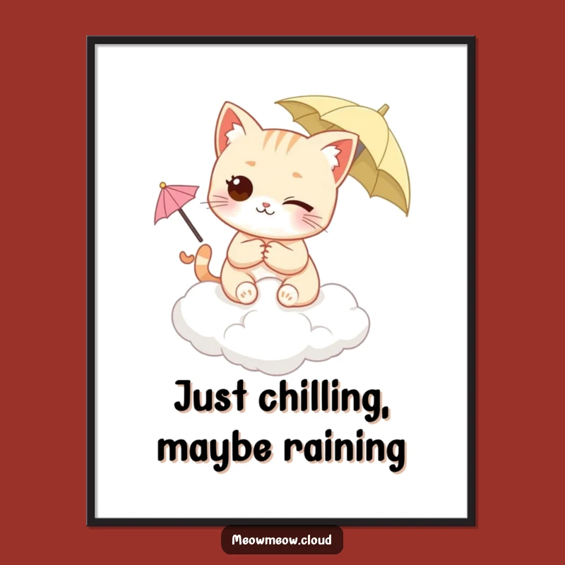 Funny Winking Cat Poster - Cloud & Umbrella Whimsical Art Gift