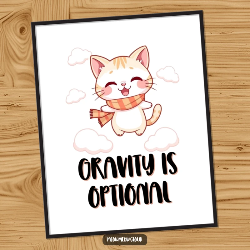 Funny jumping cat poster showing a playful cat in a scarf, leaping between soft clouds.