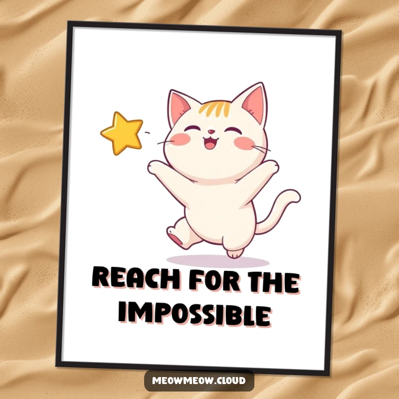 Funny poster illustrating a joyful cat mid-leap, reaching for a luminous, twinkling star against a deep space backdrop.