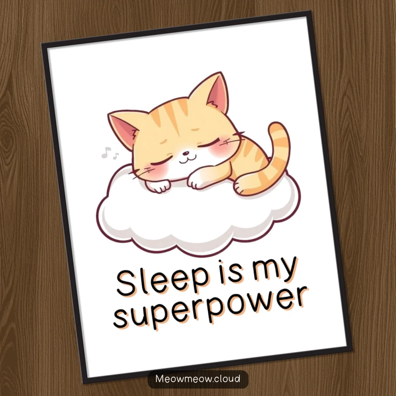 Funny poster of a grinning cat sleeping peacefully on a soft cloud, creating a serene and humorous visual.
