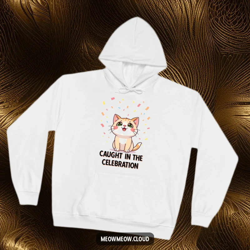 Funny hoodie with a happy cat character looking up with wide eyes at falling confetti, exuding festive warmth and excitement.