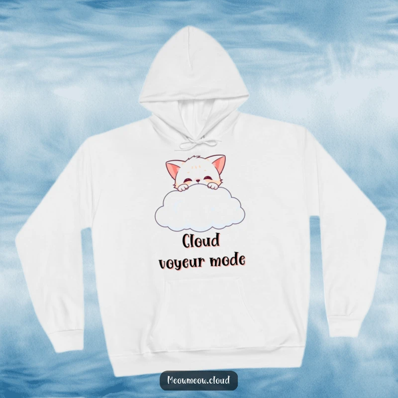 Funny curious cat peeking over the edge of a cloud, a soft and humorous hoodie for little adventurers.