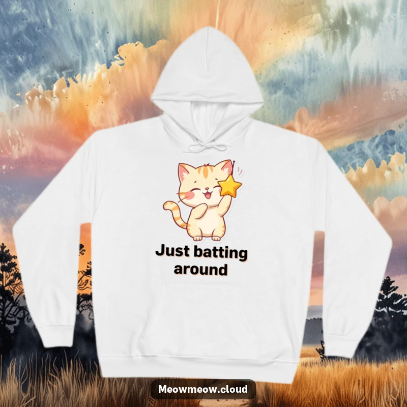 Funny hoodie depicting a smiling cat character reaching playfully for a dangling star, radiating cozy, whimsical energy.