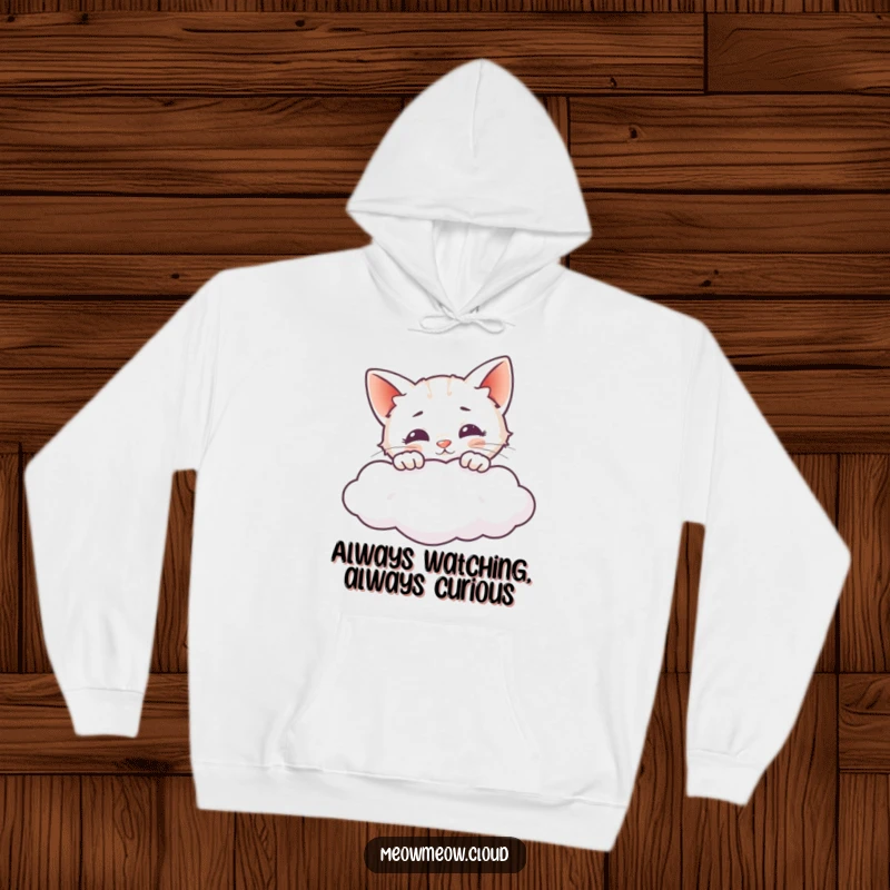 Funny hoodie featuring a curious cat peeking over a cloud, designed for comfort and a sense of adventure.