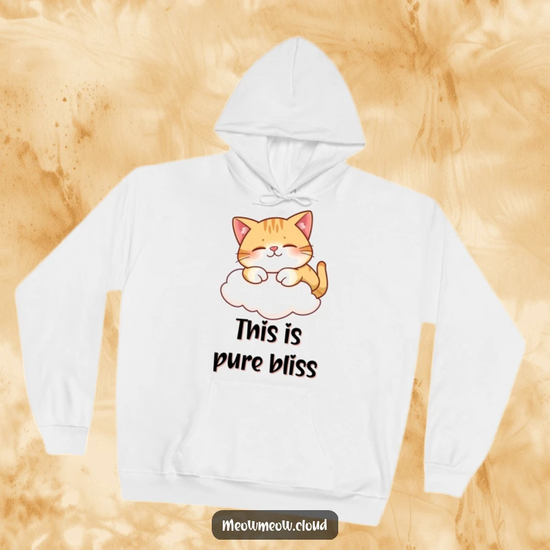 Funny hoodie featuring a content cat stretching leisurely on a cloud, designed for ultimate relaxation.