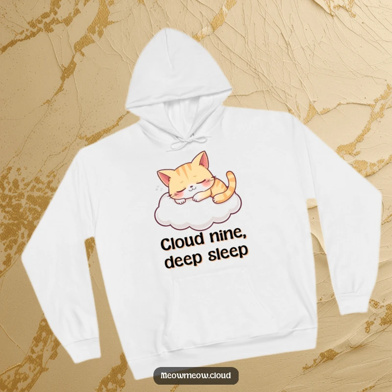 Funny hoodie featuring a grinning cat sleeping soundly on a soft cloud, offering warmth and a peaceful, humorous design.